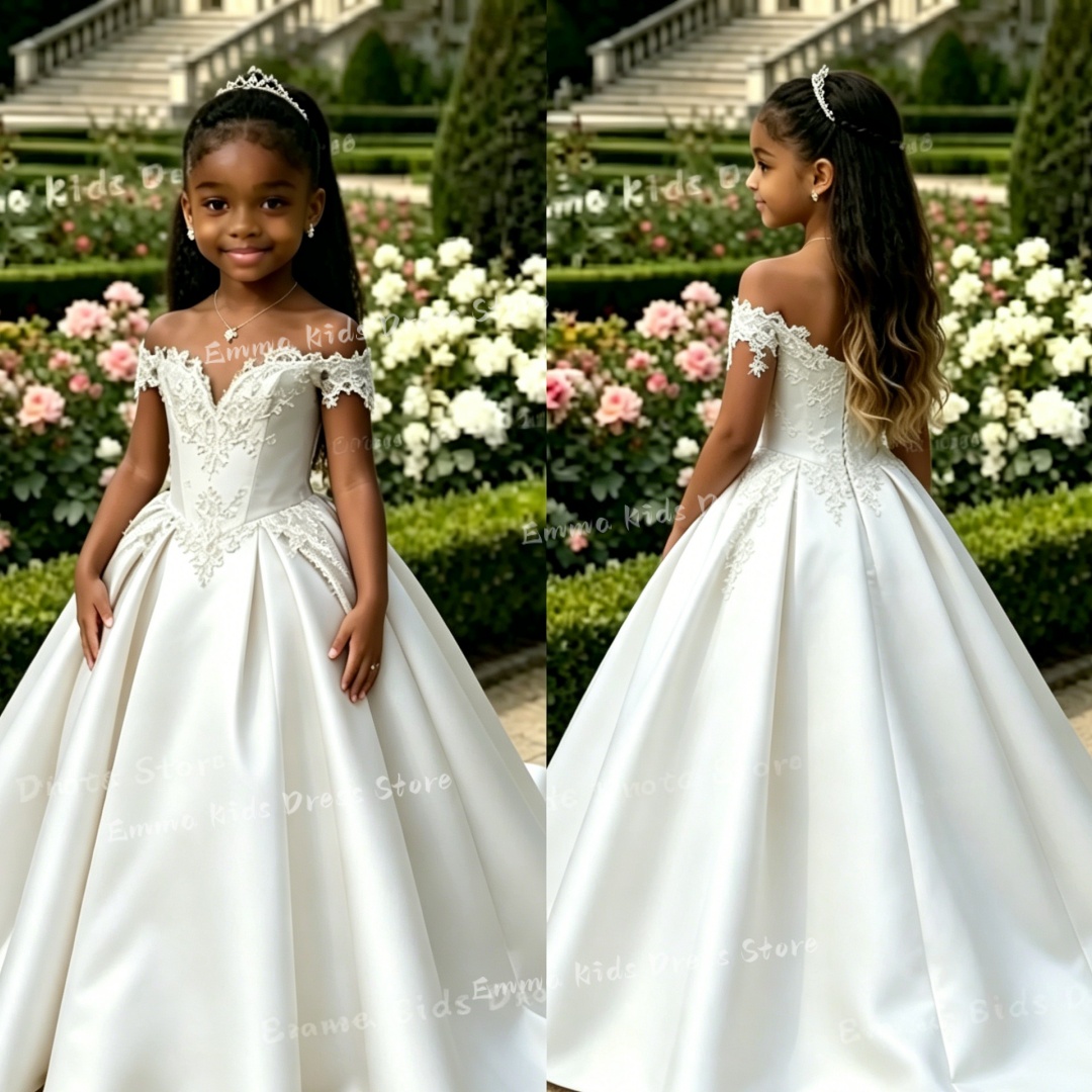 Embroidery Glass Beads - Custom Elegant Satin Flower Girl Dress