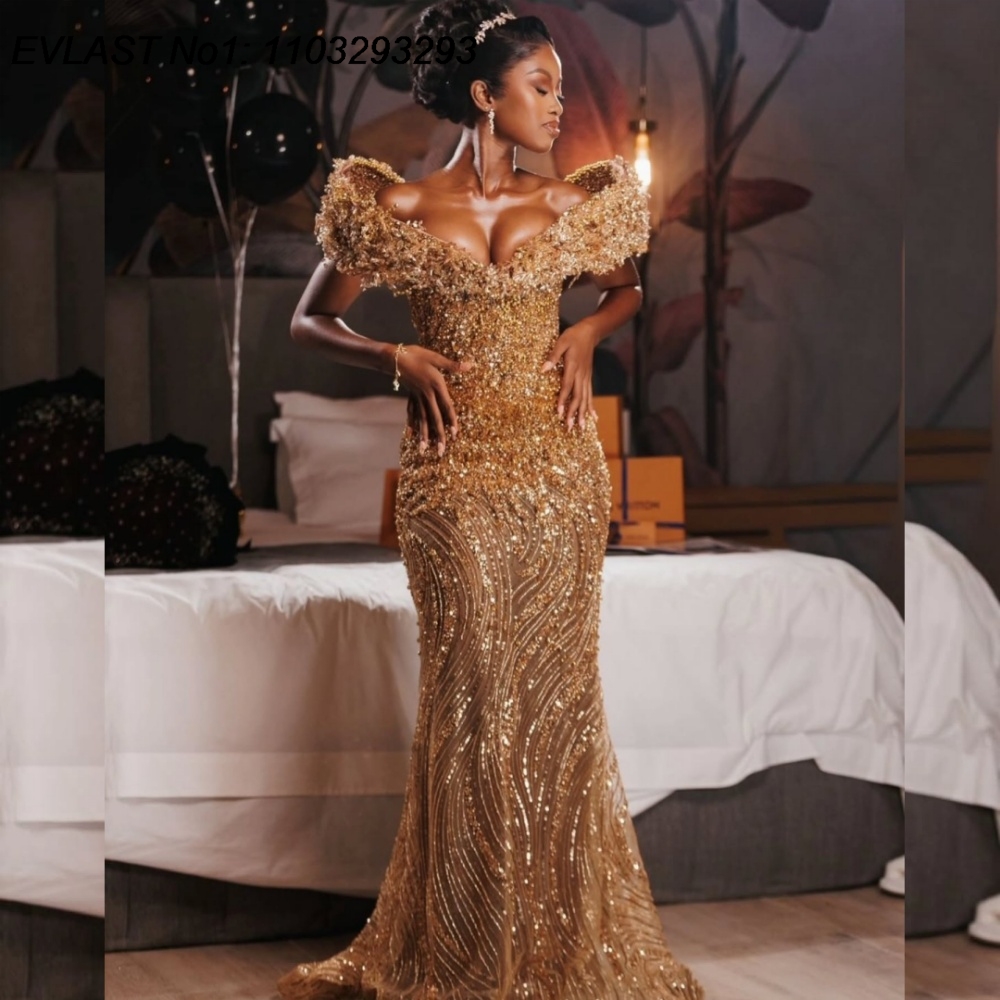 Embroidery Glass Beads - EVLAST Customized Gold Diamond Prom Dress