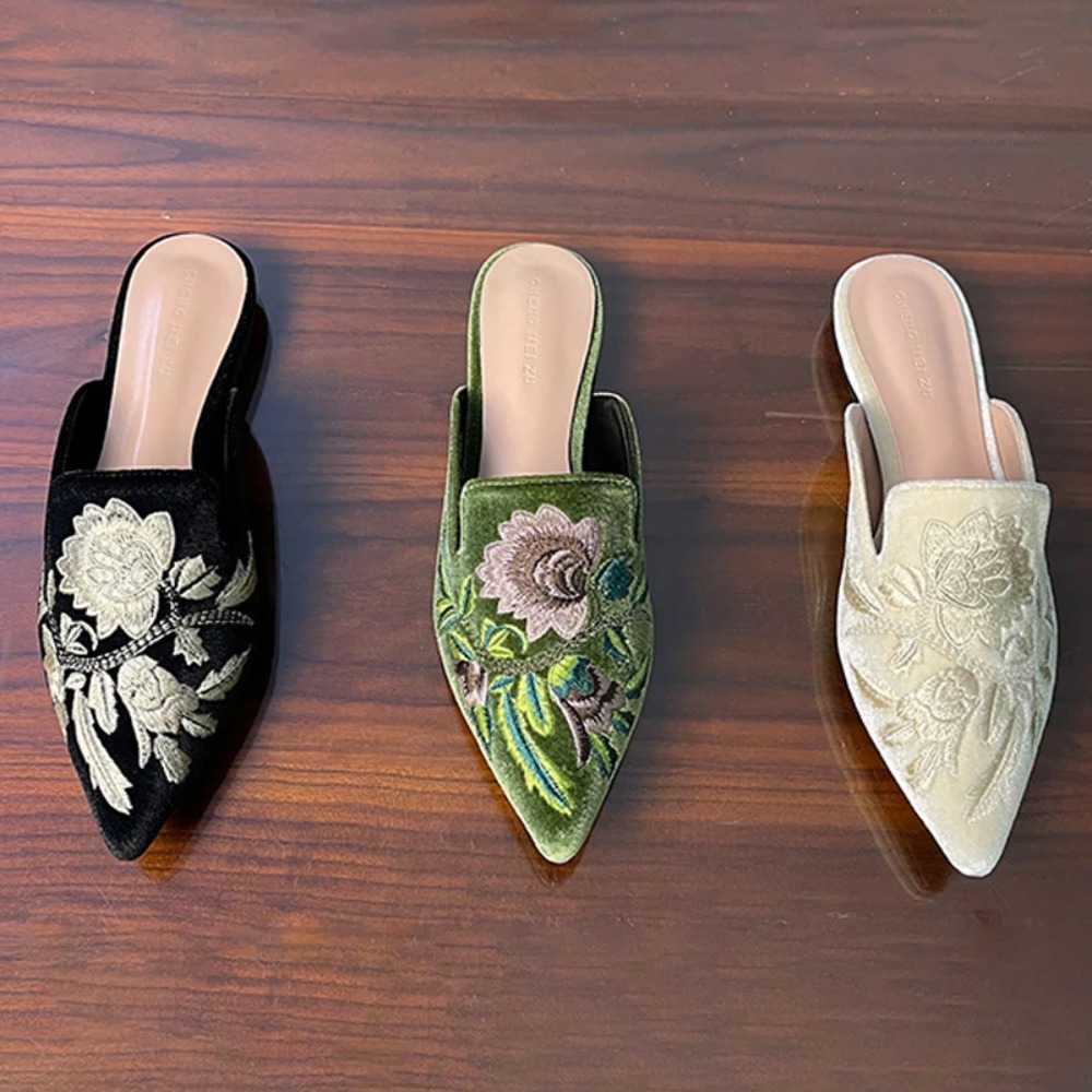 Embroidery Flower - Velvet Embroidery Flower Mules Woman Elegant