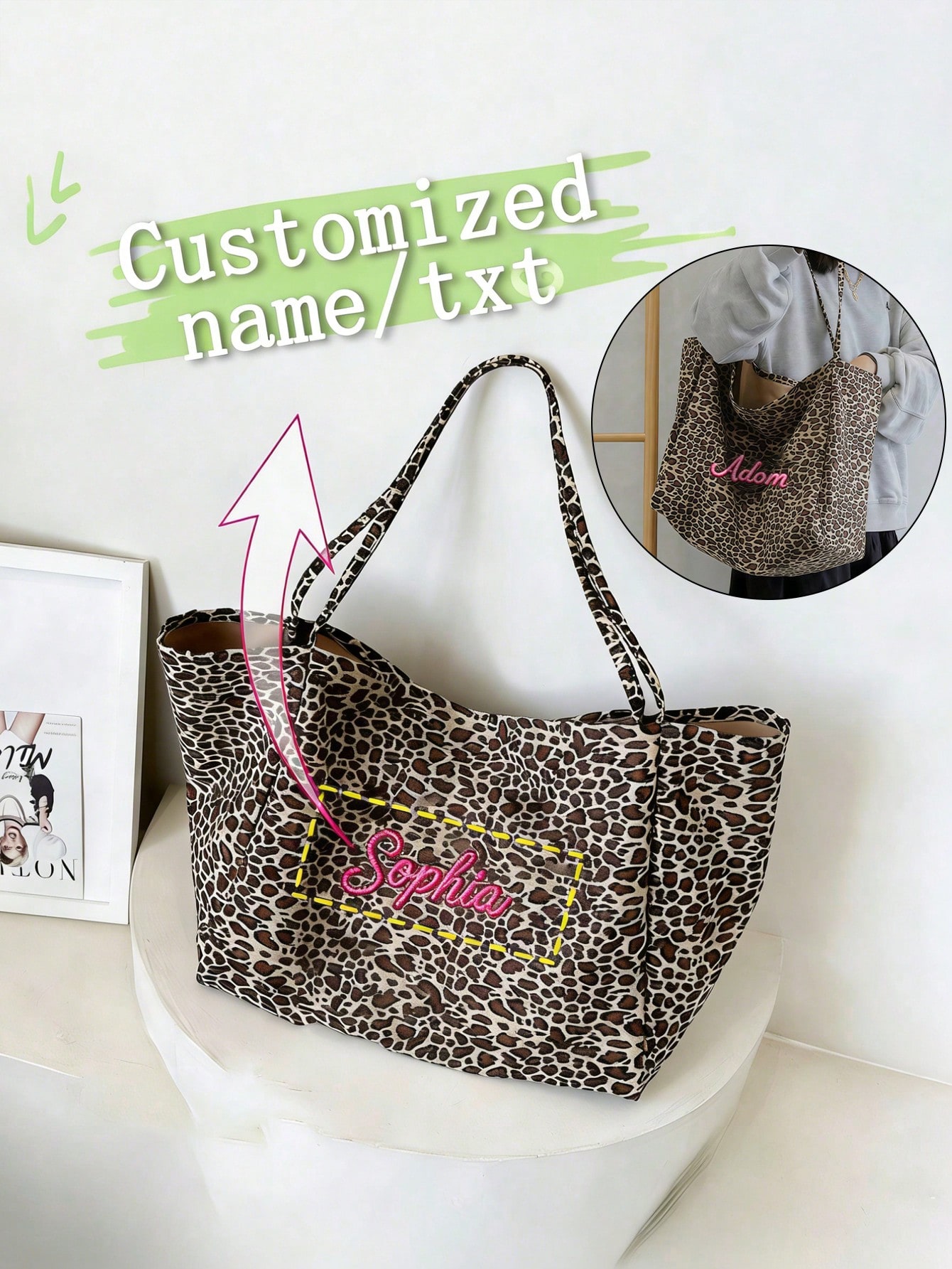 Embroidery Names - Custom Name Leopard Print Tote Bag