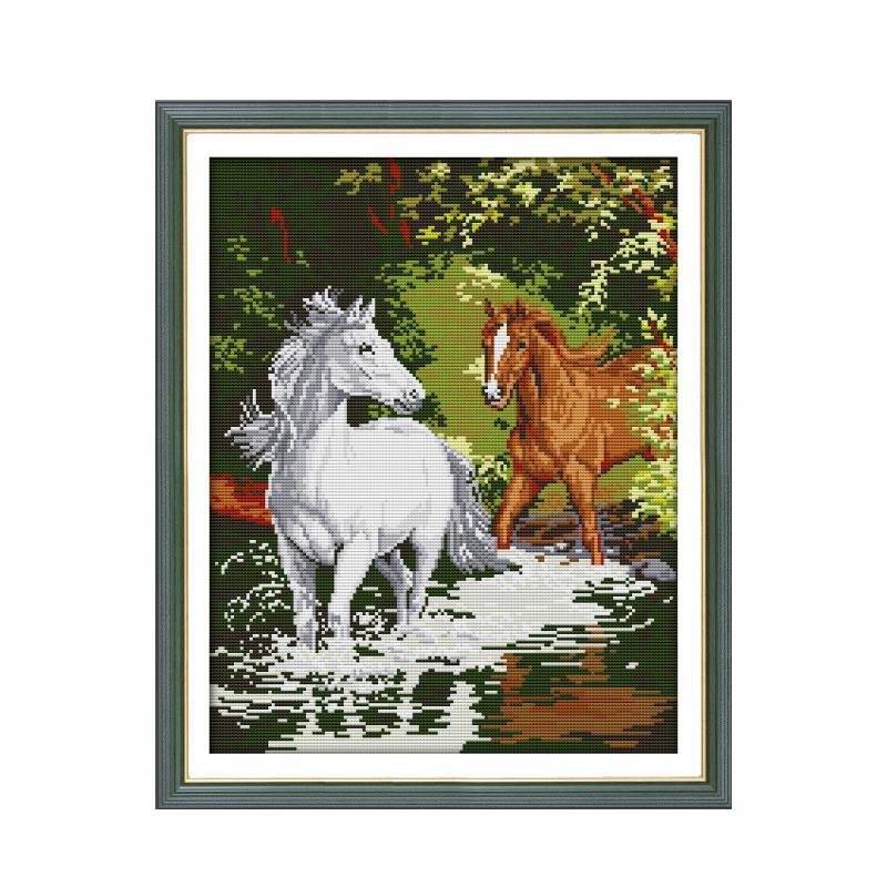 Embroidery Running Stitch - Two Horses Running Handmade Cross Stitch