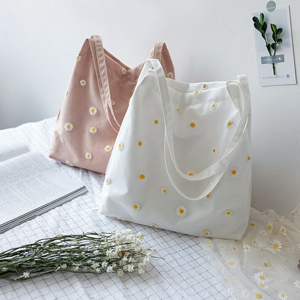 Women Canvas Bags Girls Shoppi - Embroidery Daisy Flower review and price