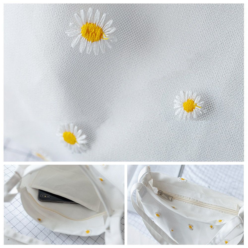 Women Canvas Bags Girls Shoppi - Embroidery Daisy Flower review and price