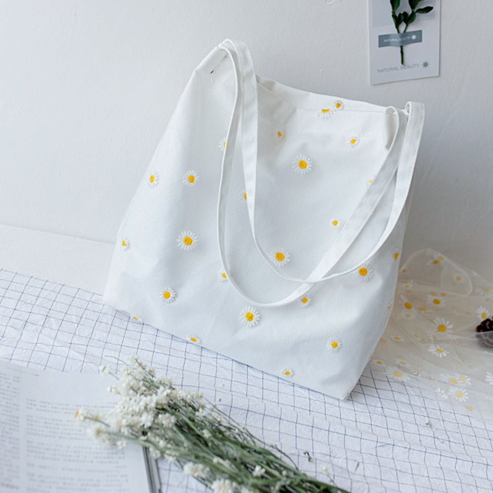 Women Canvas Bags Girls Shoppi - Embroidery Daisy Flower review and price