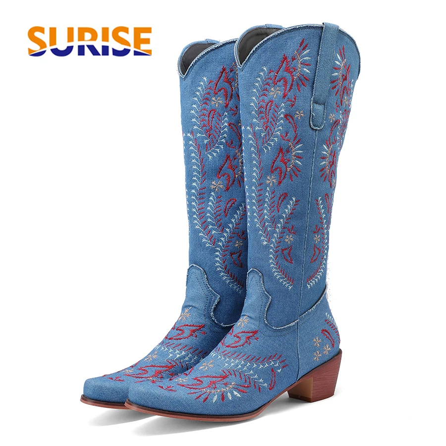 Blue Denim Western Cowgirl Kne - Embroidery Flower review and price