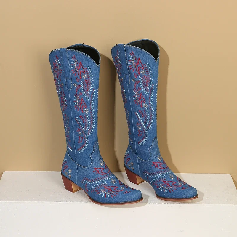 Blue Denim Western Cowgirl Kne - Embroidery Flower review and price
